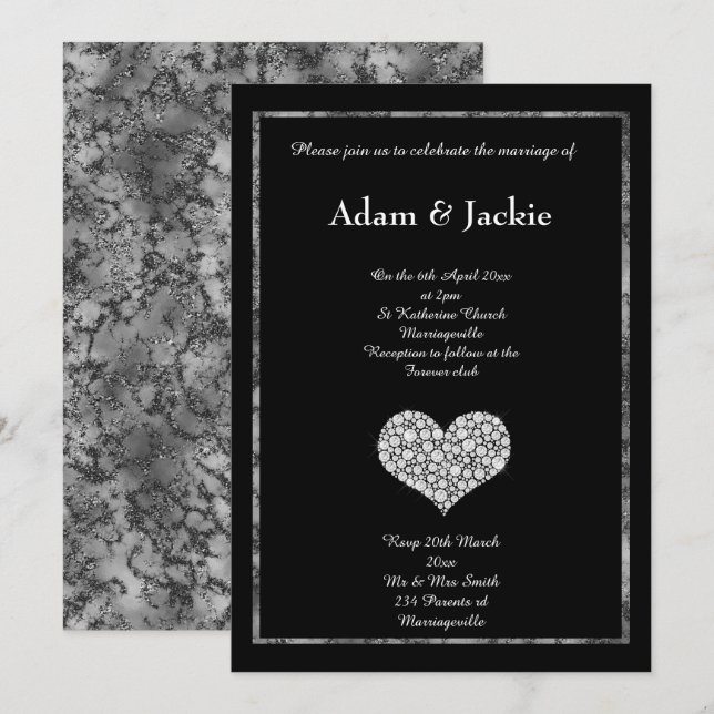 BLACK WHITE MARBLE DIAMOND HEART WEDDING INVITATION (Front/Back)