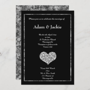 BLACK WHITE MARBLE DIAMOND HEART WEDDING INVITATION