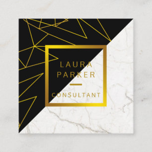 Black White Marble Gold Faux Construction Square Business Card