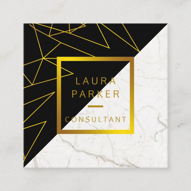 Black White Marble Gold Faux Construction Square Business Card (Front)