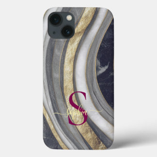 black & white marble gold glitter monogram iPhone 13 case