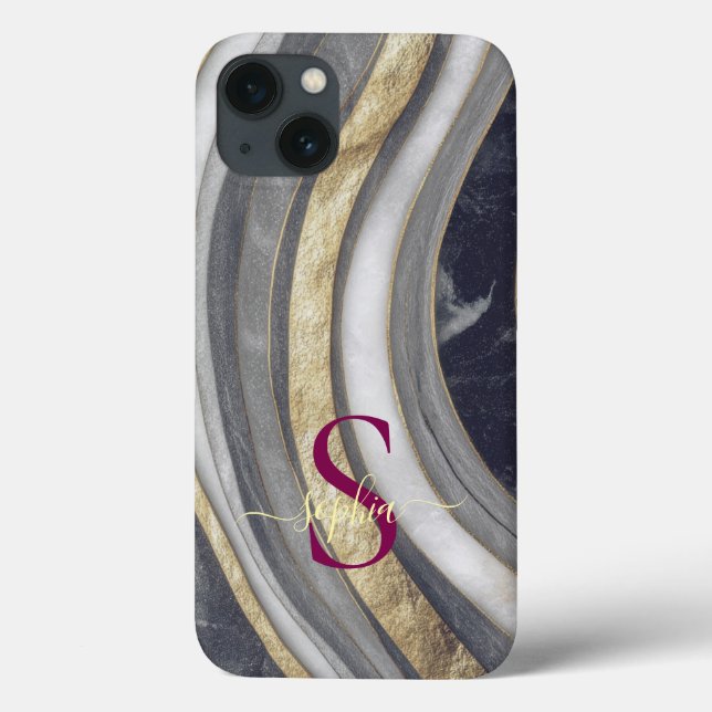 black & white marble gold glitter monogram Case-Mate iPhone case (Back)