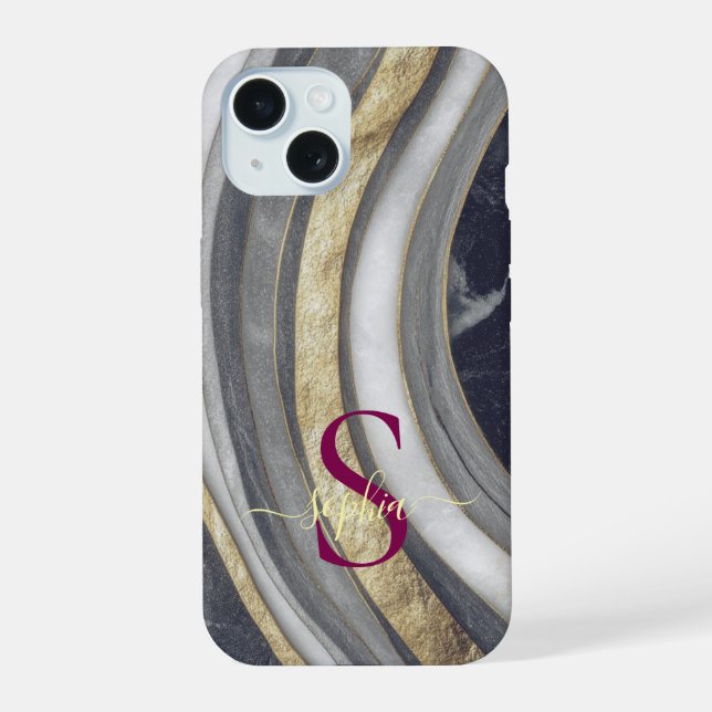 black & white marble gold glitter monogram iPhone 15 case (Back)
