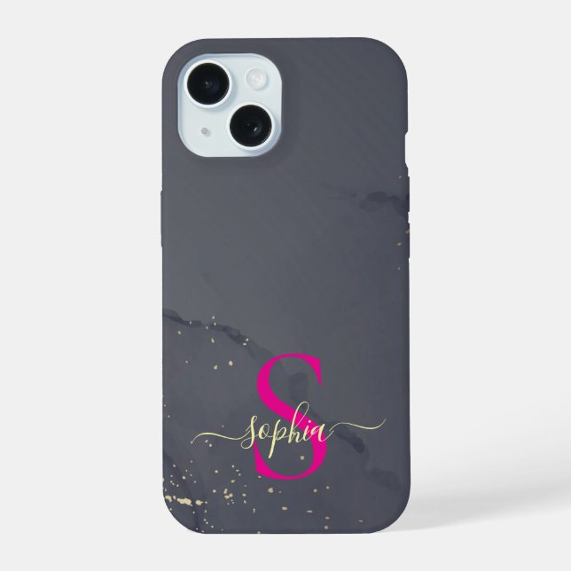 black & white marble gold glitter monogram iPhone 15 case (Back)