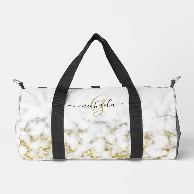 Black white marble gold sparkle bling Monogram Duffle Bag (Front)