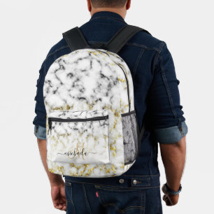 Black white marble gold sparkle bling Monogram Printed Backpack