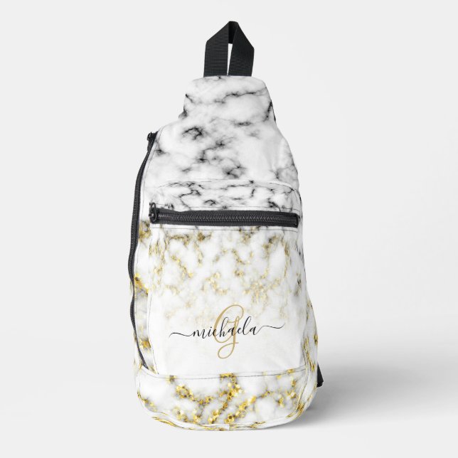 Black white marble gold sparkle bling Monogram Sling Bag (Front)