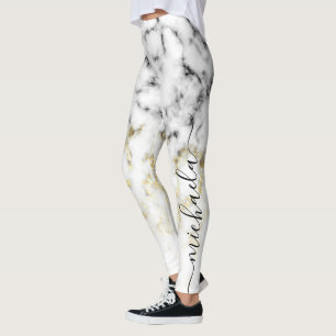 Black white marble gold sparkle glitter Your name Leggings