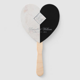 Black White Marble Grey Monogram Wedding Program Hand Fan