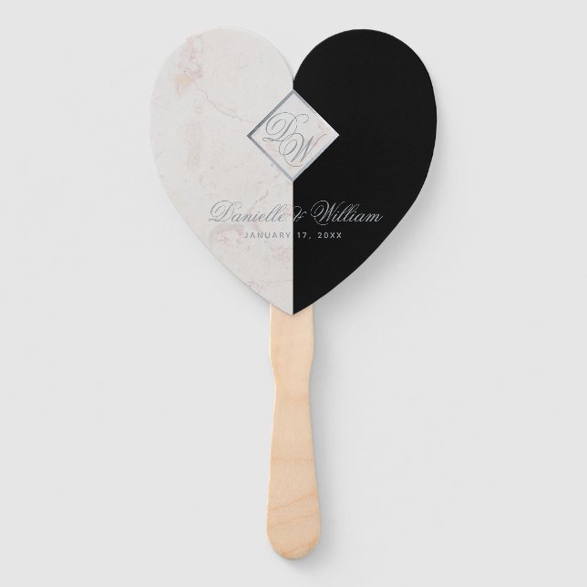 Black White Marble Grey Monogram Wedding Program Hand Fan (Front)