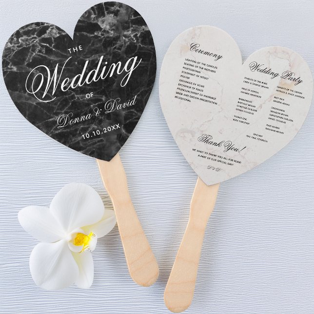 Black White Marble Heart Elegant Wedding Program  Hand Fan (Creator Uploaded)