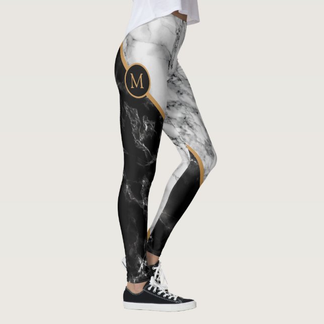 Black White Marble Leggings Your Letter (Right)