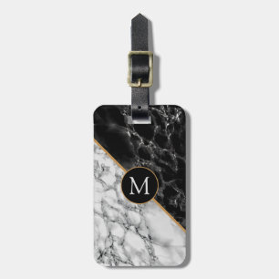 Black White Marble Luggage Tag with Custom Letter