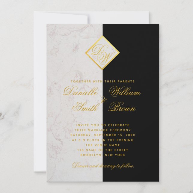 Black White Marble Monogram Gold Elegant Wedding Invitation (Front)