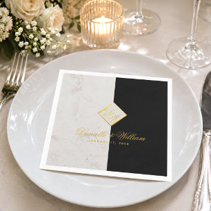 Black White Marble Monogram Gold Elegant Wedding Napkin