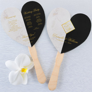 Black White Marble Monogram Heart Wedding Program Hand Fan
