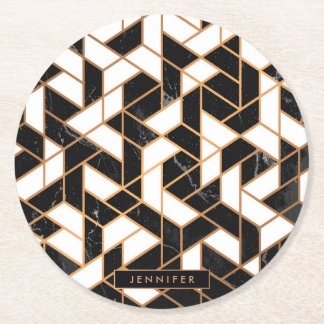Black & White Marble Mosaic Round Paper Coaster