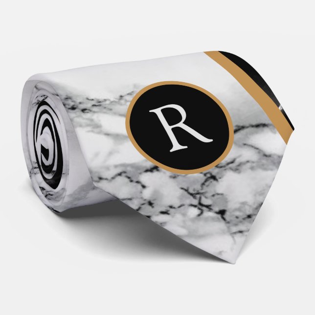Black White Marble Personalised Your Letter Tie (Rolled)