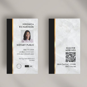 Black & White Marble Professional Notary Photo QR Business Card