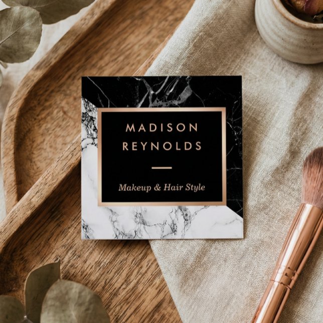 Black White Marble Rose Gold Beauty Salon Square Business Card (Creator Uploaded)