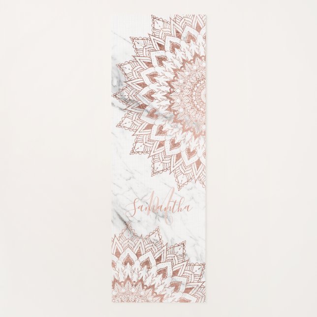 Black white marble rose gold boho mandala monogram yoga mat (Front)