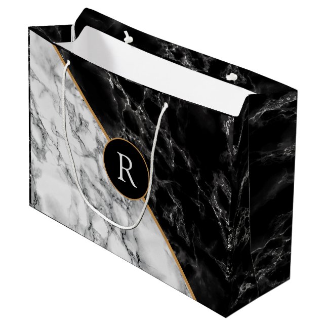 Black & White Marble Stone - Add Your Letter / Age Large Gift Bag (Front Angled)
