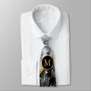 Black White Marble Stone Neck Tie with Your Letter