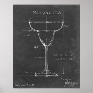 Black & White Margarita Glass Blueprint Poster