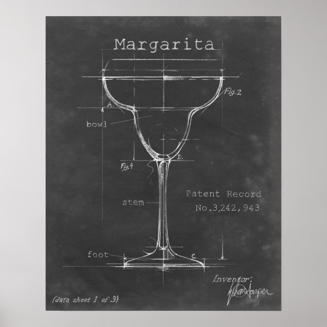 Black & White Margarita Glass Blueprint Poster (Front)