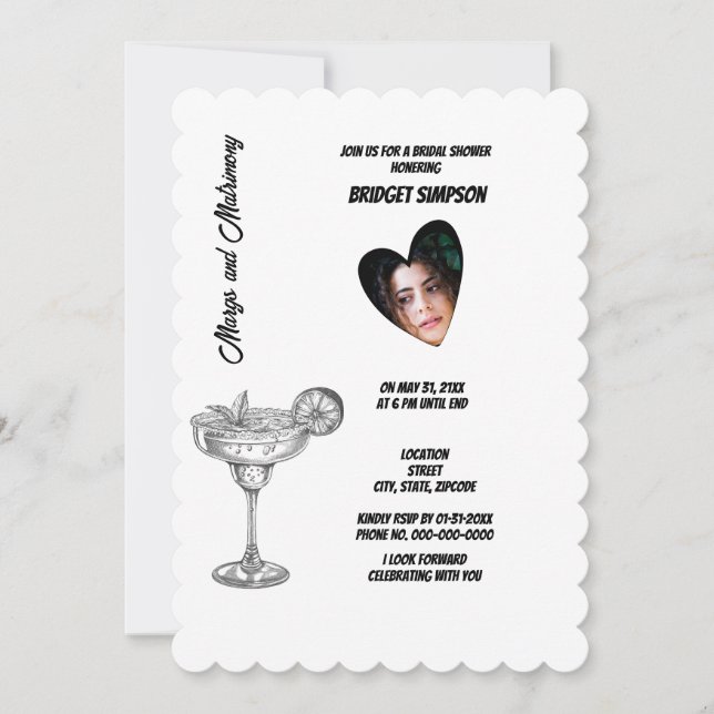 black & white margs & matrimony bridal photo invitation (Front)