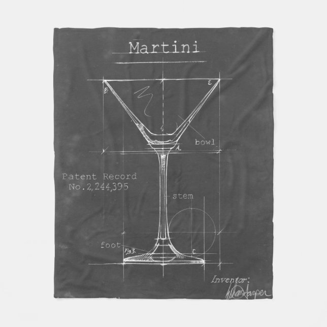 Black & White Martini Glass Blueprint Fleece Blanket (Front)