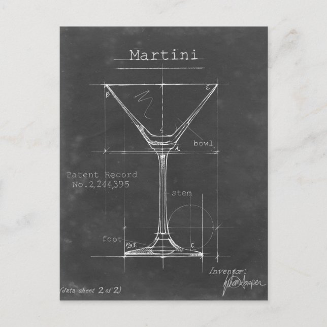 Black & White Martini Glass Blueprint Postcard (Front)