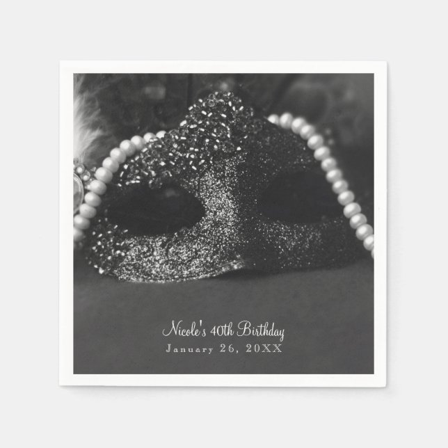 Black & White Masquerade Mask & Pearls Party Napkin (Front)