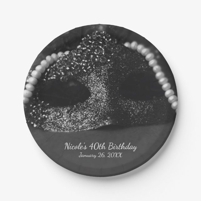 Black & White Masquerade Mask & Pearls Party Paper Plate (Front)