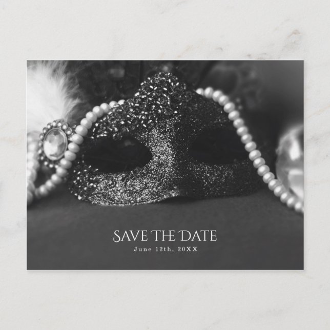 Black & White Masquerade Mask Pearls Save the Date Announcement Postcard (Front)