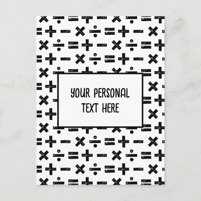 Black & White Math Symbols Lino Cut & Custom Text Postcard (Front)