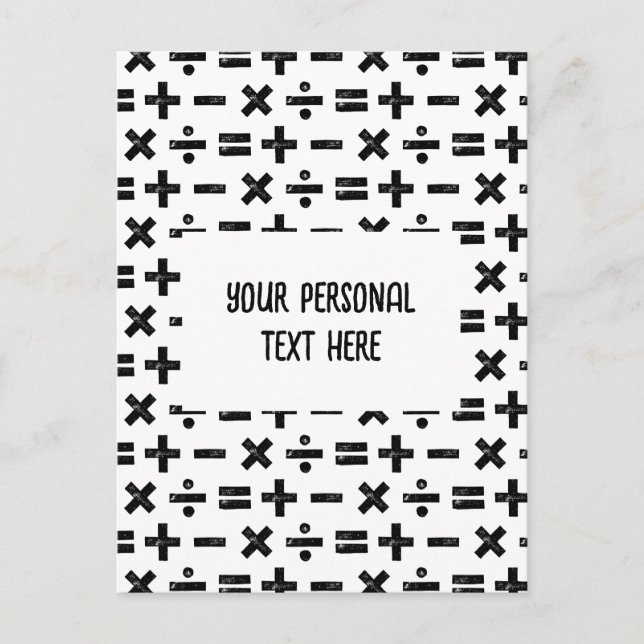 Black & White Math Symbols Lino Cut & Custom Text Postcard (Front)