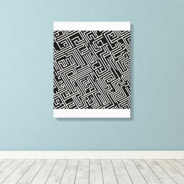Black & White Maze Geometry – Minimalist Abstract Canvas Print (Insitu(Wood Floor))