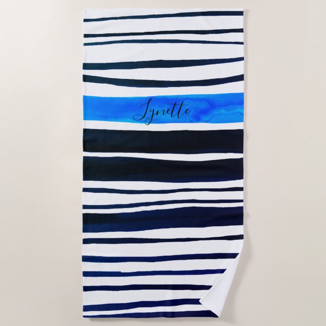 Black, white, mediterranean blue painted stripes  beach towel (Front)