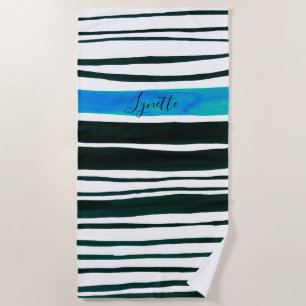Black, white, mediterranean blue painted stripes beach towel