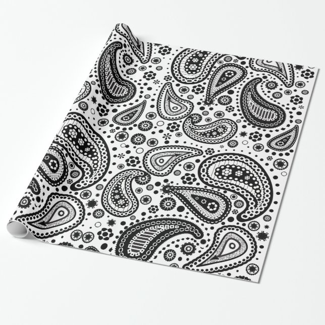 Black & White Mehendi Paisley Wrapping Paper (Unrolled)