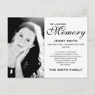 Black & White Memorial Family Acknowledgement Postcard