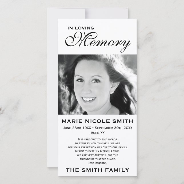 Black & White Memorial Family Acknowledgement Thank You Card (Front)