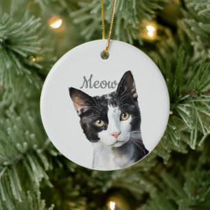 Black White Meow Cat  Ceramic Tree Decoration