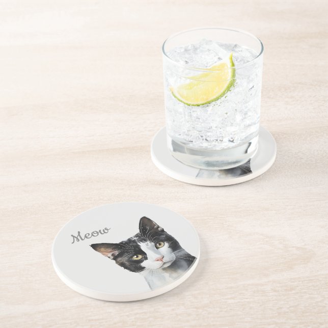 Black White Meow Cat  Coaster (Side)