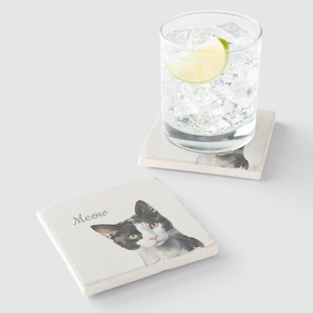 Black White Meow Cat  Stone Coaster (Side)
