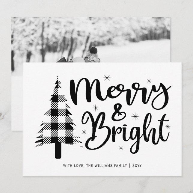 Black White Merry and Bright Photo Holiday Card (Front/Back)
