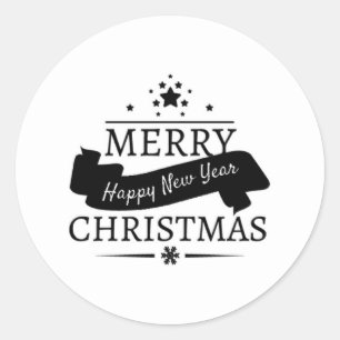 Black White Merry Christmas And A Happy New Year Classic Round Sticker
