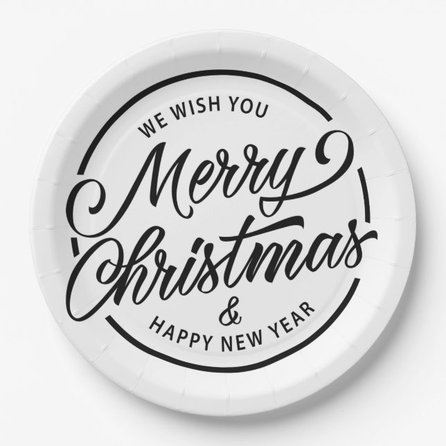 Black White Merry Christmas Calligraphy Script Paper Plate (Front)