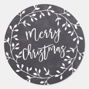 Black White Merry Christmas Chalkboard Wreath Classic Round Sticker